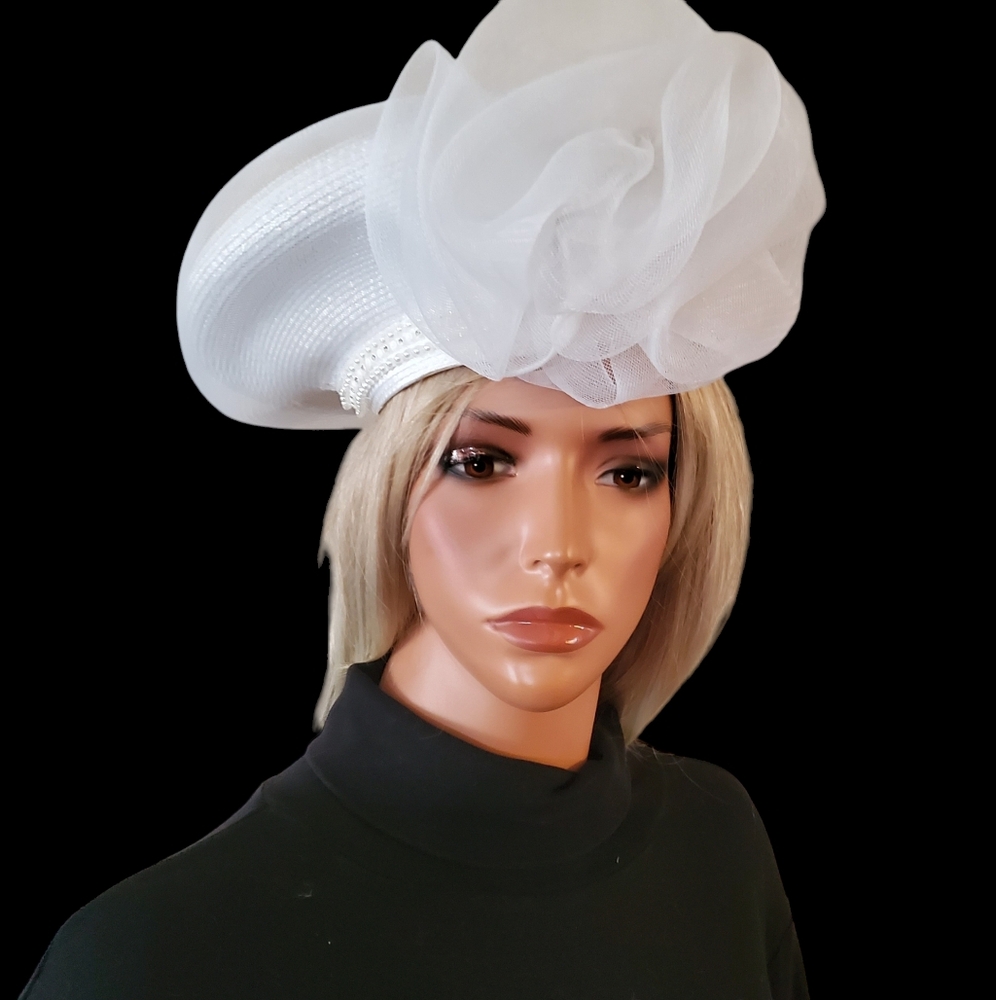 Veiled Woman White Statement Hat Weddings Ladies Tea Luncheons Elegant